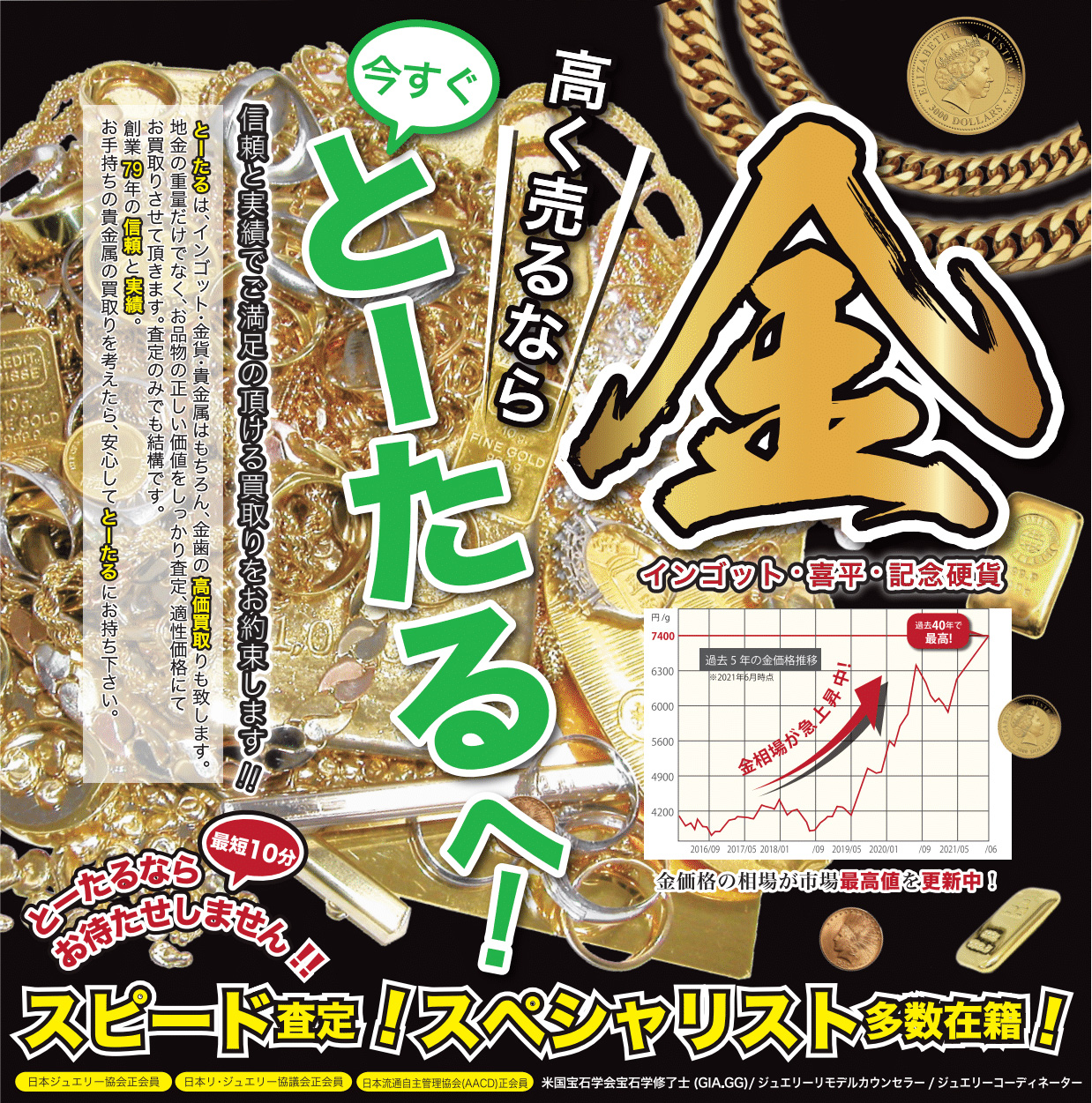 とーたるでは金の高価買取を行っています。創業79年の信頼と実績が弊社の強みです。